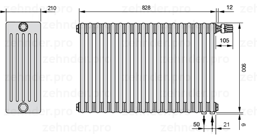 Схема (чертеж) Радиатор Zehnder Charleston 6090/18 №V002 Белый глянцевый RAL 9016